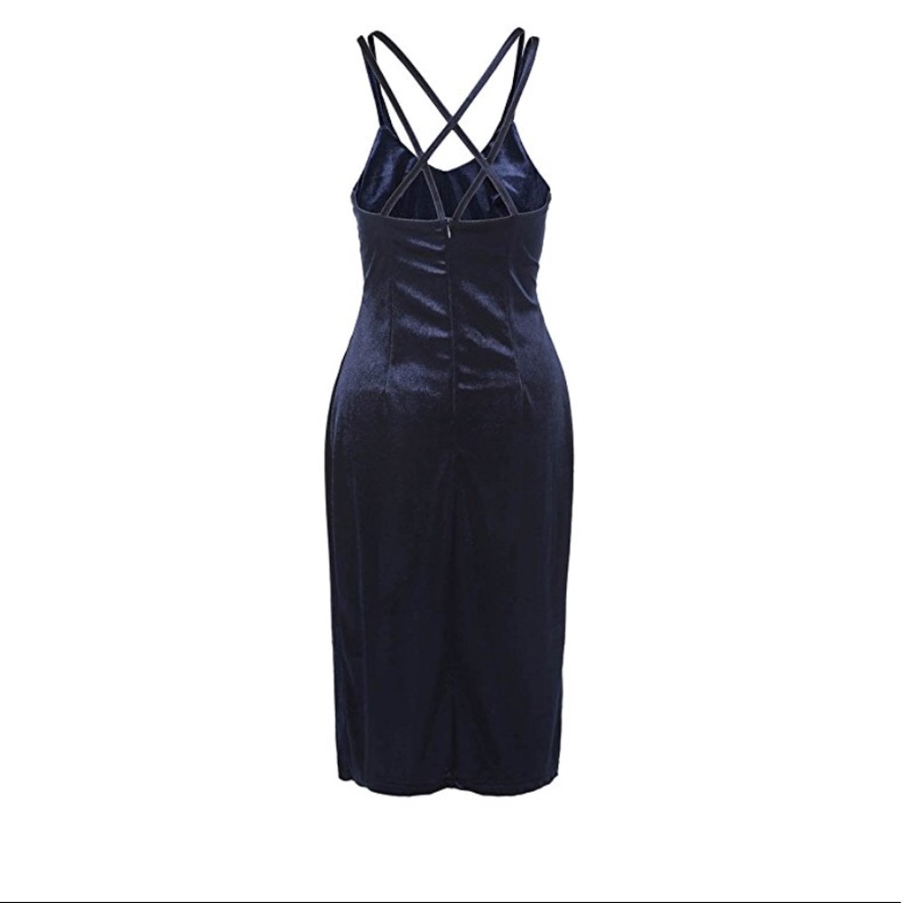 Velvet Blue Spaghetti Strap Bodycon Midi Dress - Picture 4 of 7